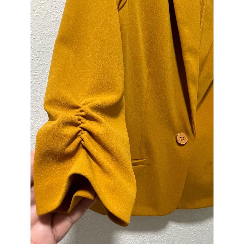 NYCC Womens Medium Mustard Yellow Blazer One Button Ruched 3/4 Sleeve Jacket - Picture 9 of 15